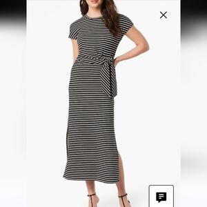 Spanx AirEssentials Tie-Waist Maxi Dress Very Black Stripe Short Sleeve S